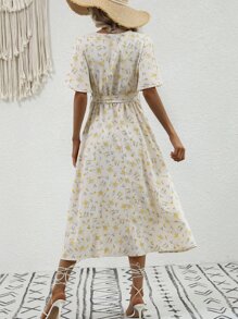 Breezaya Ditsy Floral Flutter Sleeve Overlap Collar Belted Dress Maxi Vacation Beach Outfits Women - Apricot - View 2