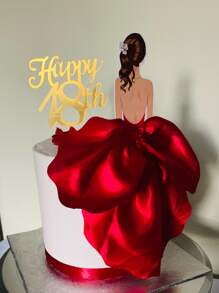 Woman Back-Pose Cake Topper With Chiffon Skirt - Red - View 3