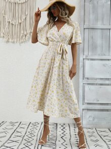 Breezaya Ditsy Floral Flutter Sleeve Overlap Collar Belted Dress Maxi Vacation Beach Outfits Women - Apricot - View 3