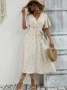 Breezaya Ditsy Floral Flutter Sleeve Overlap Collar Belted Dress Maxi Vacation Beach Outfits Women - Apricot - View 5