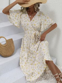 Breezaya Ditsy Floral Flutter Sleeve Overlap Collar Belted Dress Maxi Vacation Beach Outfits Women - Apricot - View 6
