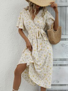 Breezaya Ditsy Floral Flutter Sleeve Overlap Collar Belted Dress Maxi Vacation Beach Outfits Women - Apricot - View 7