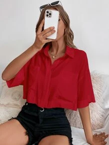 SHEIN Essnce Camisa de hombros caídos con parche de bolsillo - Burdeos - Ver 1