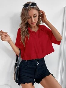 SHEIN Essnce Camisa de hombros caídos con parche de bolsillo - Burdeos - Ver 3