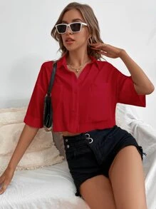 SHEIN Essnce Camisa de hombros caídos con parche de bolsillo - Burdeos - Ver 6