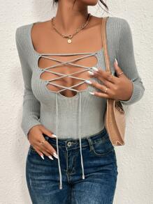 Lace Up Front Jumper - Grey - View 5