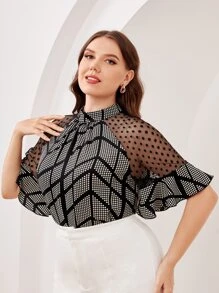 SHEIN Clasi Plus Polka Dot Print Mesh Panel Flounce Sleeve Blouse - Black and White - View 1
