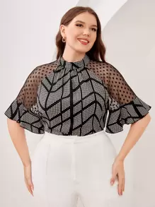 SHEIN Clasi Plus Polka Dot Print Mesh Panel Flounce Sleeve Blouse - Black and White - View 4
