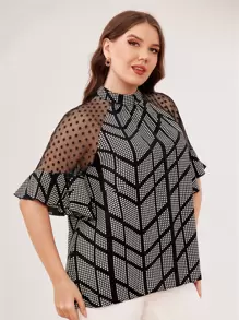 SHEIN Clasi Plus Polka Dot Print Mesh Panel Flounce Sleeve Blouse - Black and White - View 5
