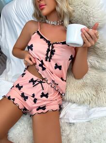 Bow Print Guipure Lace Panel Lettuce Trim PJ Set - Coral Pink - View 6