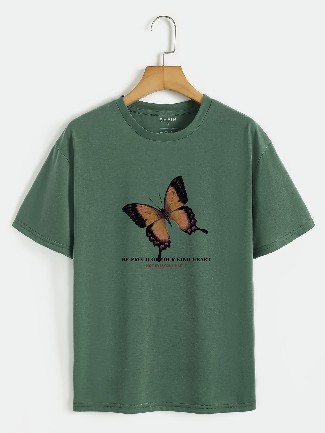 SHEIN EZwear Slogan & Butterfly Print Tee - Dark Green - View 1