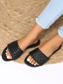 Women's Woven Strap Simple Fashion Flat Sandals, Comfortable Outdoor Beach Slippers For Summer, Suitable For Home, Travel, Beach, Elegant And Versatile - Black - View 2