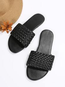 Women's Woven Strap Simple Fashion Flat Sandals, Comfortable Outdoor Beach Slippers For Summer, Suitable For Home, Travel, Beach, Elegant And Versatile - Black - View 3