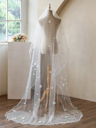 1 pieza Velo de novia blanco con adorno de flores, velo de tul suave con borde largo y caída para boda en la iglesia, accesorio de velo largo y romántico para ropa de otoño para mujeres