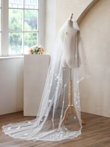 1 Peça Véu de Noiva Branco com Acabamento Floral, Véu de Tule Macio com Borda Longa e Cauda para Casamento na Igreja, Acessório de Véu Longo Romântico para Roupas de Outono para Mulheres, Acessórios do Dia dos Namorados - Branco - Visão 3