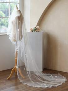 1 Peça Véu de Noiva Branco com Acabamento Floral, Véu de Tule Macio com Borda Longa e Cauda para Casamento na Igreja, Acessório de Véu Longo Romântico para Roupas de Outono para Mulheres, Acessórios do Dia dos Namorados - Branco - Visão 5
