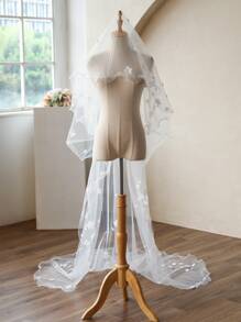 1 Peça Véu de Noiva Branco com Acabamento Floral, Véu de Tule Macio com Borda Longa e Cauda para Casamento na Igreja, Acessório de Véu Longo Romântico para Roupas de Outono para Mulheres, Acessórios do Dia dos Namorados - Branco - Visão 6