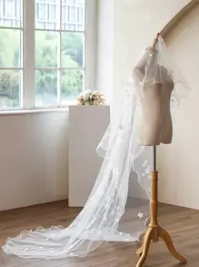 1 Peça Véu de Noiva Branco com Acabamento Floral, Véu de Tule Macio com Borda Longa e Cauda para Casamento na Igreja, Acessório de Véu Longo Romântico para Roupas de Outono para Mulheres, Acessórios do Dia dos Namorados - Branco - Visão 7