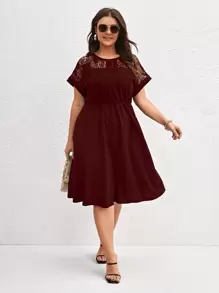 SHEIN Clasi Plus Contrast Lace A-line Dress - Maroon - View 1