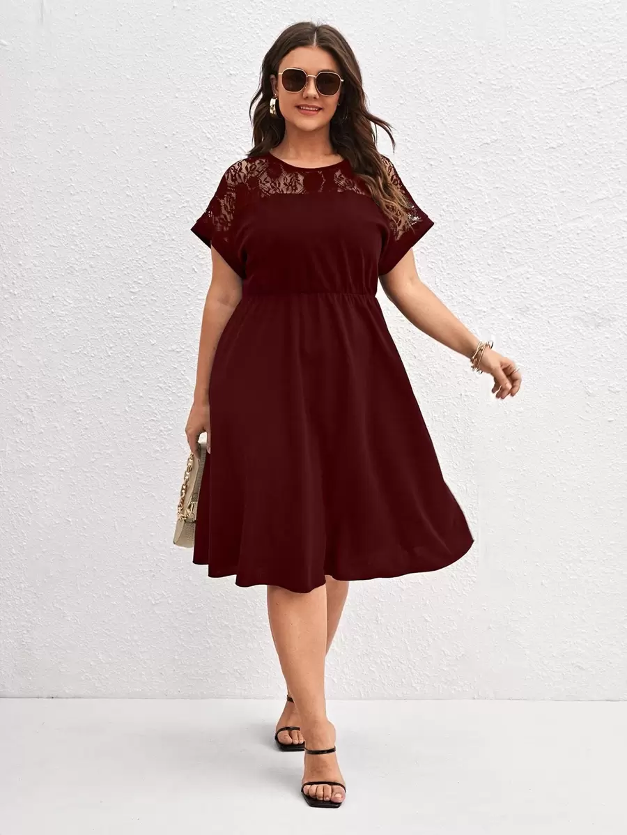 SHEIN Clasi Plus Contrast Lace A-line Dress - Maroon - View 1