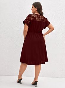 SHEIN Clasi Plus Contrast Lace A-line Dress - Maroon - View 2