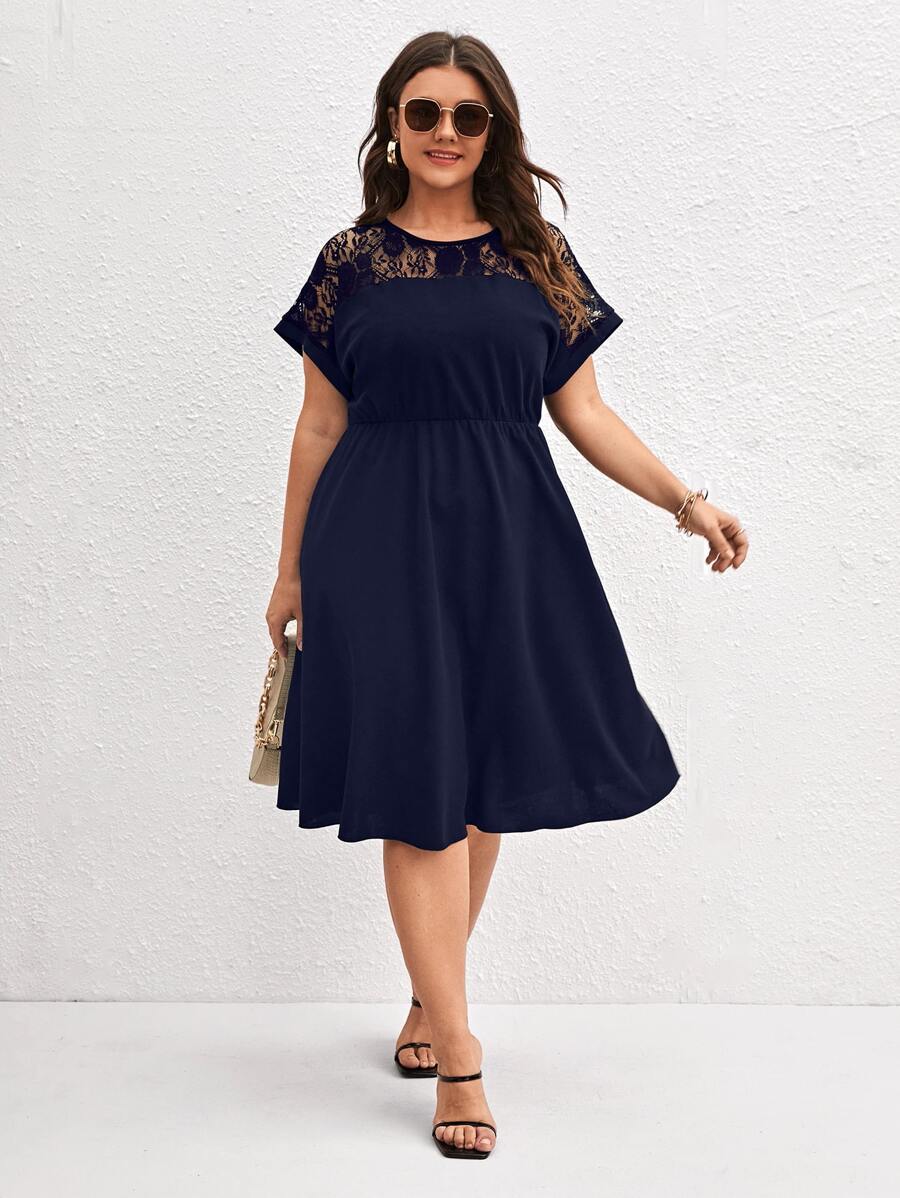 SHEIN Clasi Plus Contrast Lace A-line Dress - Navy Blue - View 1
