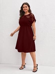 SHEIN Clasi Plus Contrast Lace A-line Dress - Maroon - View 3