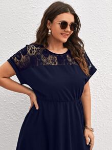 SHEIN Clasi Plus Contrast Lace A-line Dress - Navy Blue - View 3