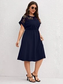 SHEIN Clasi Plus Contrast Lace A-line Dress - Navy Blue - View 5