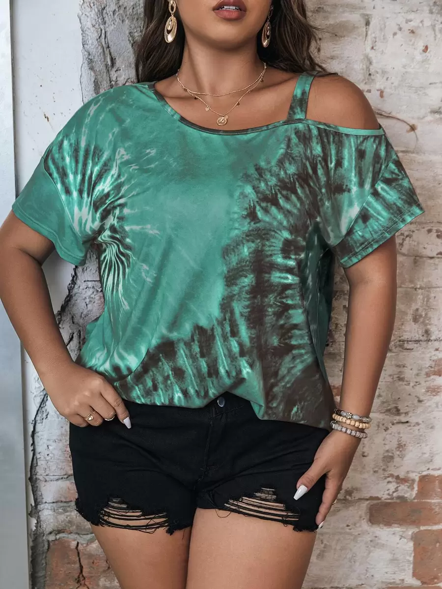 SHEIN LUNE Áo thun cổ bẻ không đối xứng Tie Dye Plus Graphic Tees dành cho nữ - màu xanh lá - Xem 1