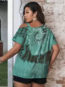 SHEIN LUNE Áo thun cổ bẻ không đối xứng Tie Dye Plus Graphic Tees dành cho nữ - màu xanh lá - Xem 2