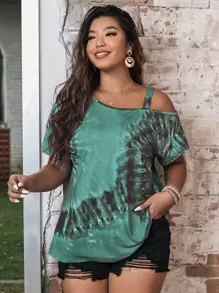 SHEIN LUNE Áo thun cổ bẻ không đối xứng Tie Dye Plus Graphic Tees dành cho nữ - màu xanh lá - Xem 3
