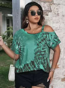 SHEIN LUNE Áo thun cổ bẻ không đối xứng Tie Dye Plus Graphic Tees dành cho nữ - màu xanh lá - Xem 4