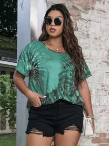 SHEIN LUNE Áo thun cổ bẻ không đối xứng Tie Dye Plus Graphic Tees dành cho nữ - màu xanh lá - Xem 5