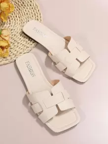 Elegant Beige Sandals For Women, Snakeskin Embossed Cut Out Design Open Toe Slide Sandals