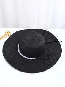 珠子裝飾草編帽 - 黑色 - 查看 4