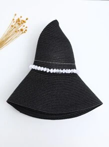 珠子裝飾草編帽 - 黑色 - 查看 6