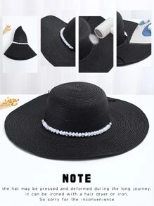 珠子裝飾草編帽 - 黑色 - 查看 7