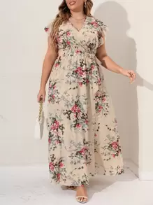 Mulvari Váy tay cánh bướm in hoa có thắt lưng cho mùa hè - Màu be - Xem 1