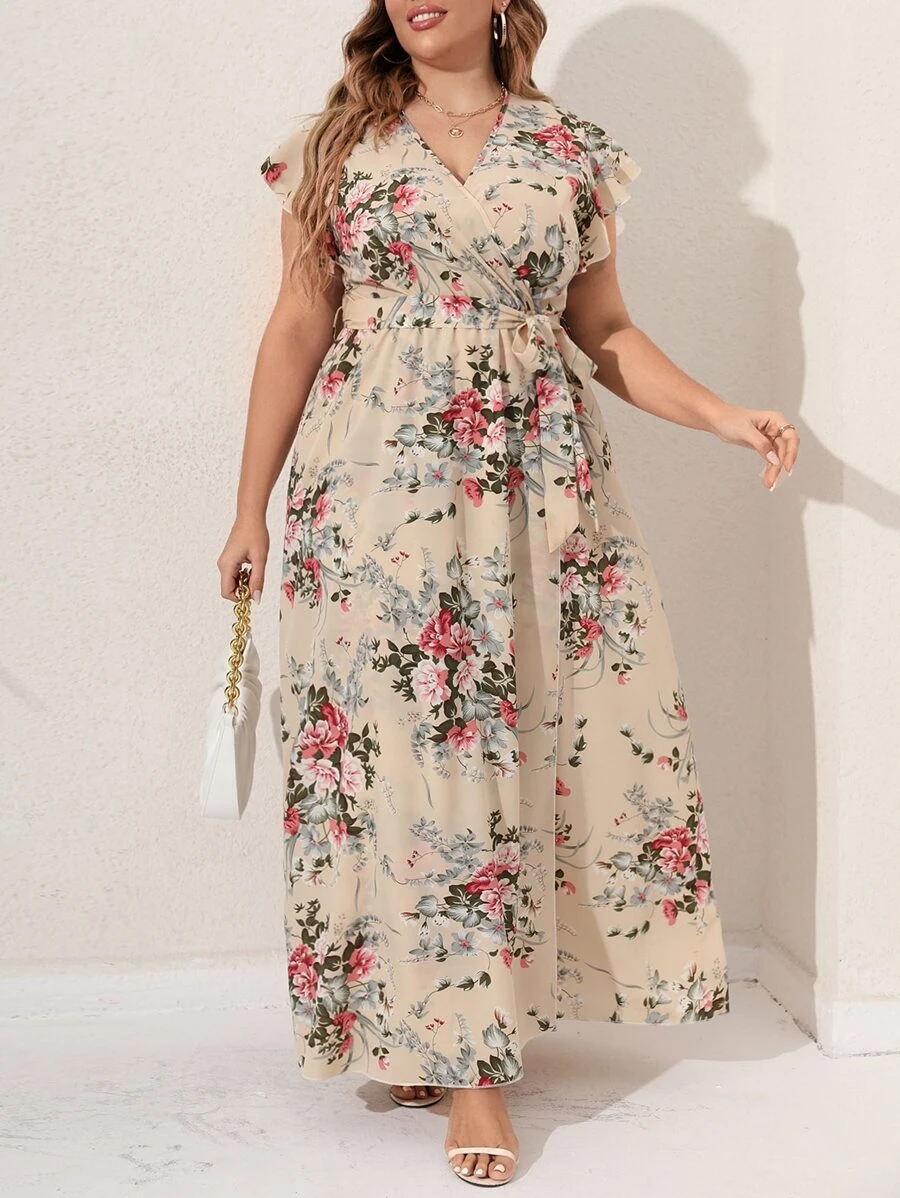 Mulvari Váy tay cánh bướm in hoa có thắt lưng cho mùa hè - Màu be - Xem 1