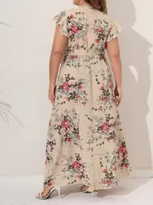 Mulvari Váy tay cánh bướm in hoa có thắt lưng cho mùa hè - Màu be - Xem 2