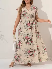 Mulvari Váy tay cánh bướm in hoa có thắt lưng cho mùa hè - Màu be - Xem 6