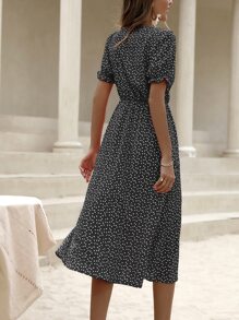 滿版愛心圖案開叉洋裝 - 黑色 - 查看 2