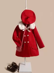 SHEIN Toddler Girls Contrast Teddy Collar Bow Front Double Breasted Tweed Overcoat - Red - View 1