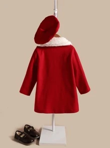 SHEIN Toddler Girls Contrast Teddy Collar Bow Front Double Breasted Tweed Overcoat - Red - View 2