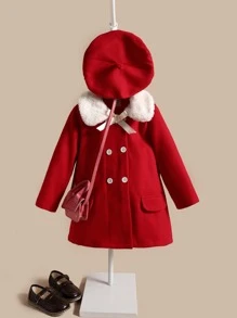 SHEIN Toddler Girls Contrast Teddy Collar Bow Front Double Breasted Tweed Overcoat - Red - View 3