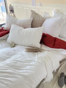 Seersucker Duvet Cover Set Without Filler - Red and White - View 3