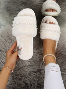Fall/Winter Women Faux Pearl Decor Solid Color Open Toe Fluffy Slippers - White - View 1