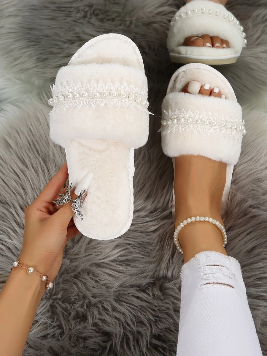 Fall/Winter Women Faux Pearl Decor Solid Color Open Toe Fluffy Slippers - White - View 1