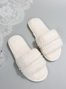 Fall/Winter Women Faux Pearl Decor Solid Color Open Toe Fluffy Slippers - White - View 2